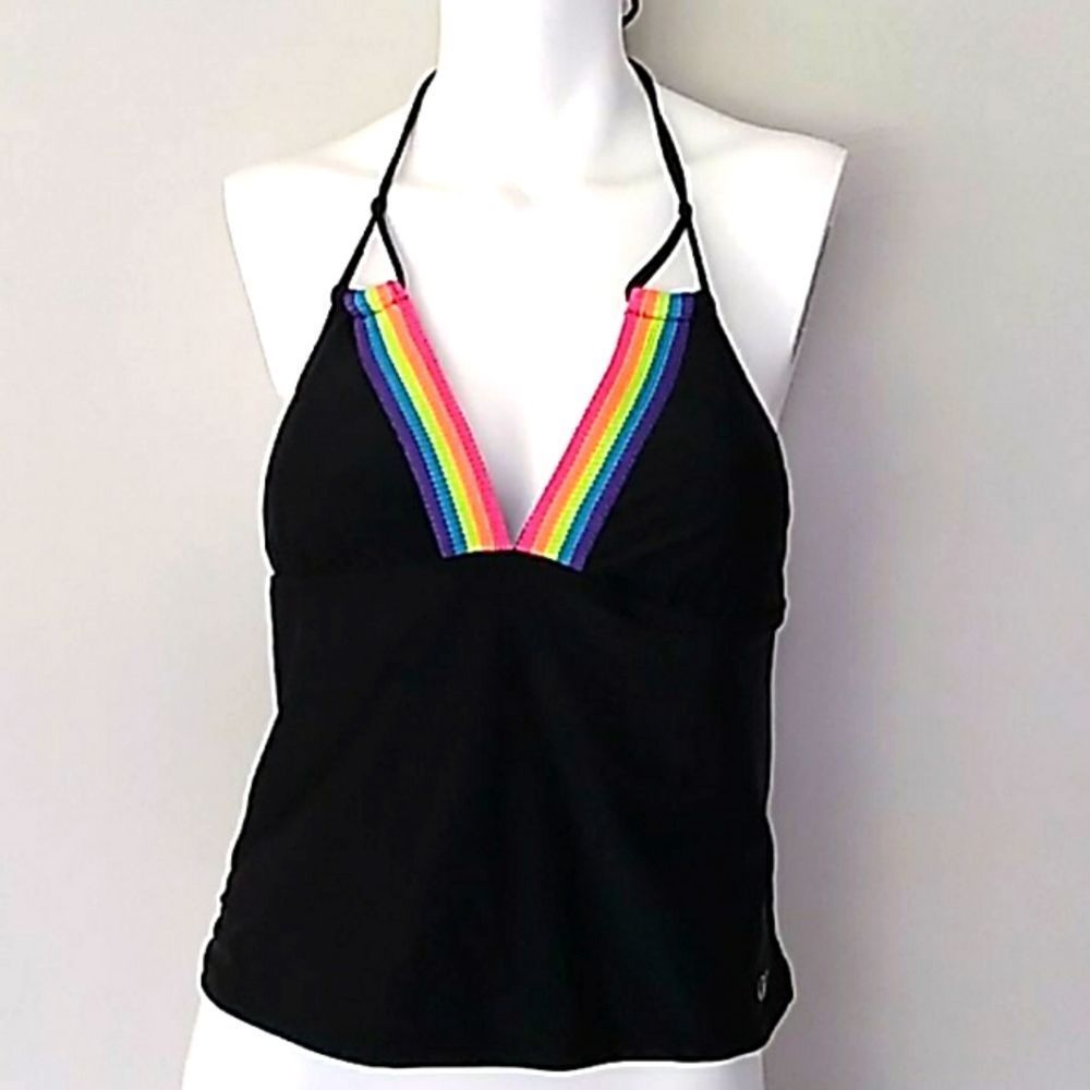 OP Black Tankini W/ Rainbow Crocheted Detail.